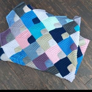 Handmade Knit Blanket Large Mitered Squares Granny Style 54" wide